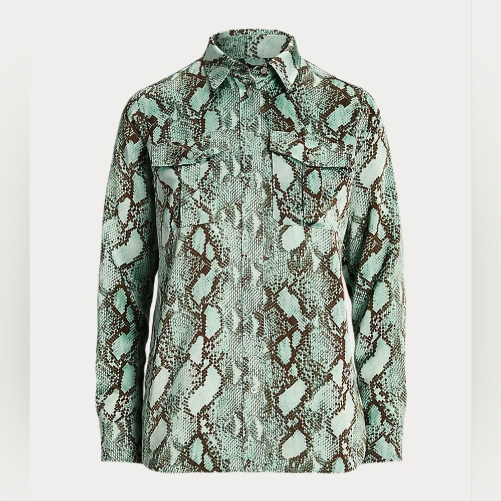 Lauren Ralph Lauren Snakeskin-Print Charmeuse Shirt Turquoise XS New